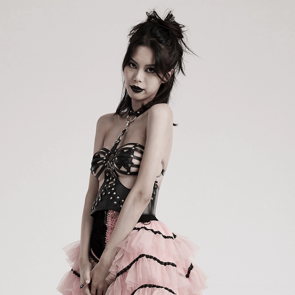 Alternative angle of black faux leather gothic bustier harness showing strapping configuration and hardware placement