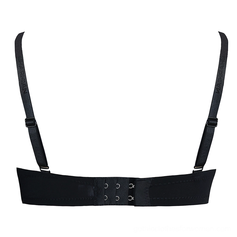 Back closure detail of gothic bustier showing adjustable black straps with multi-hook metal fastening system