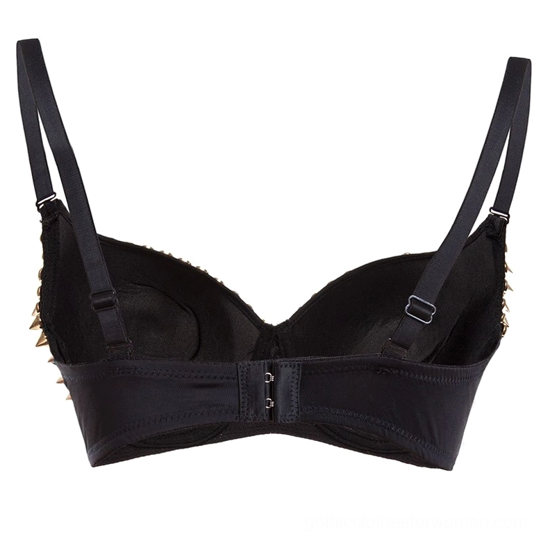 Back view of black spiked angel wings gothic bustier showing cone rivet trim and multi-hook back fastener