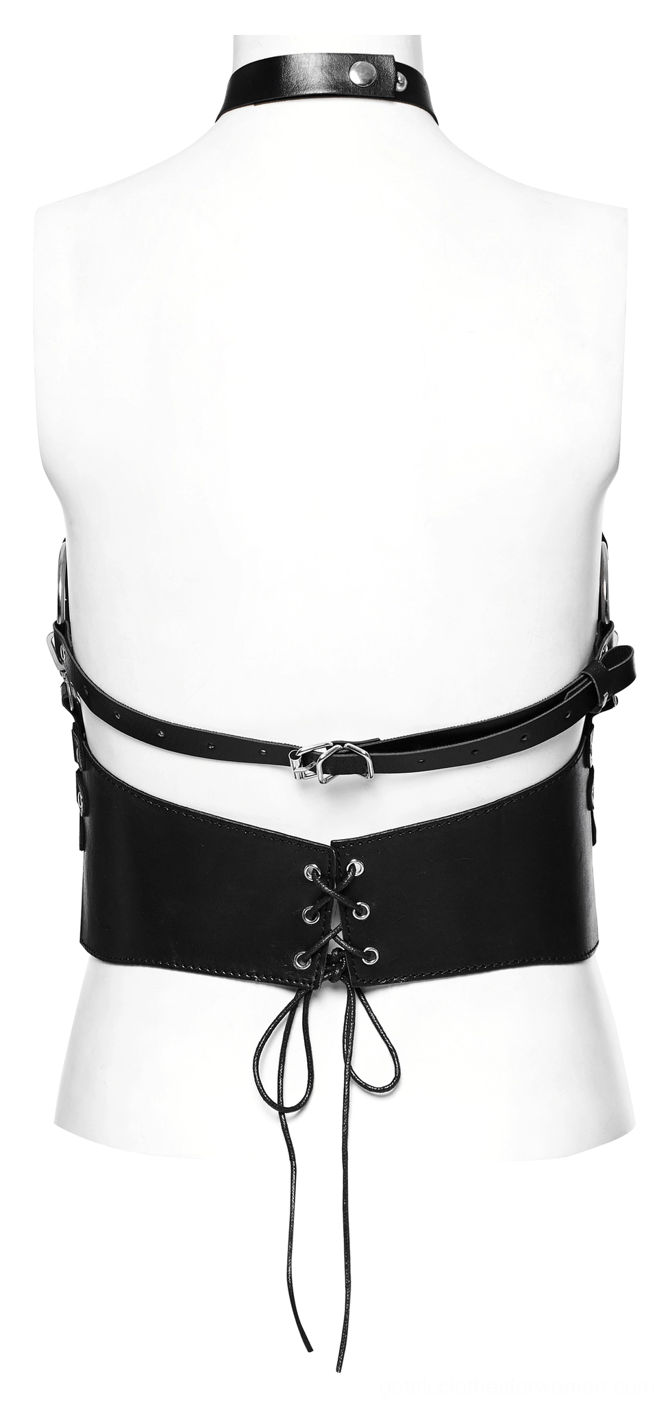 Back view of black leather gothic bustier showing lace-up fastening system and adjustable waist belt on mannequin