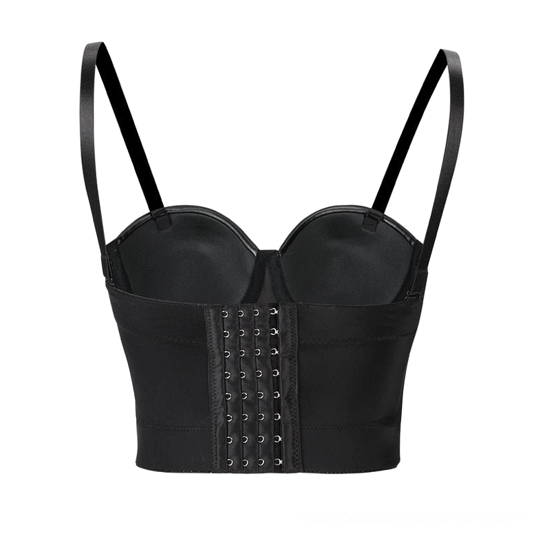 Black gothic corset bra back flat lay displaying multi-row hook-and-eye closure system and adjustment details