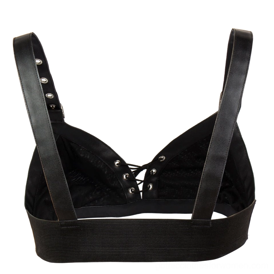 Black gothic bustier bra rear view showing elastic band and metal grommet detail steampunk design