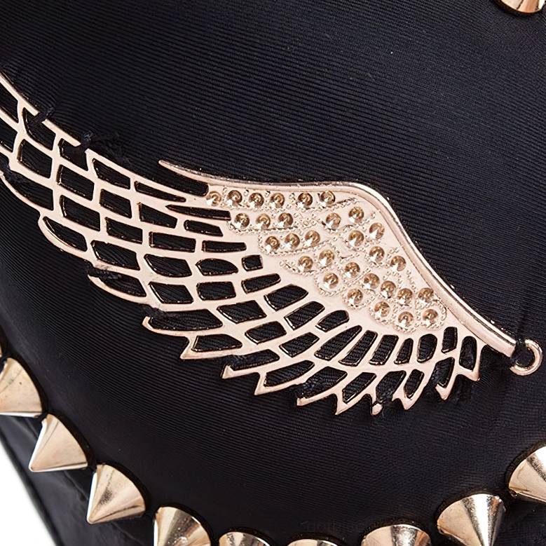 Detailed view of spiked angel wings gothic bustier showing gold rivets and wing appliqué construction quality