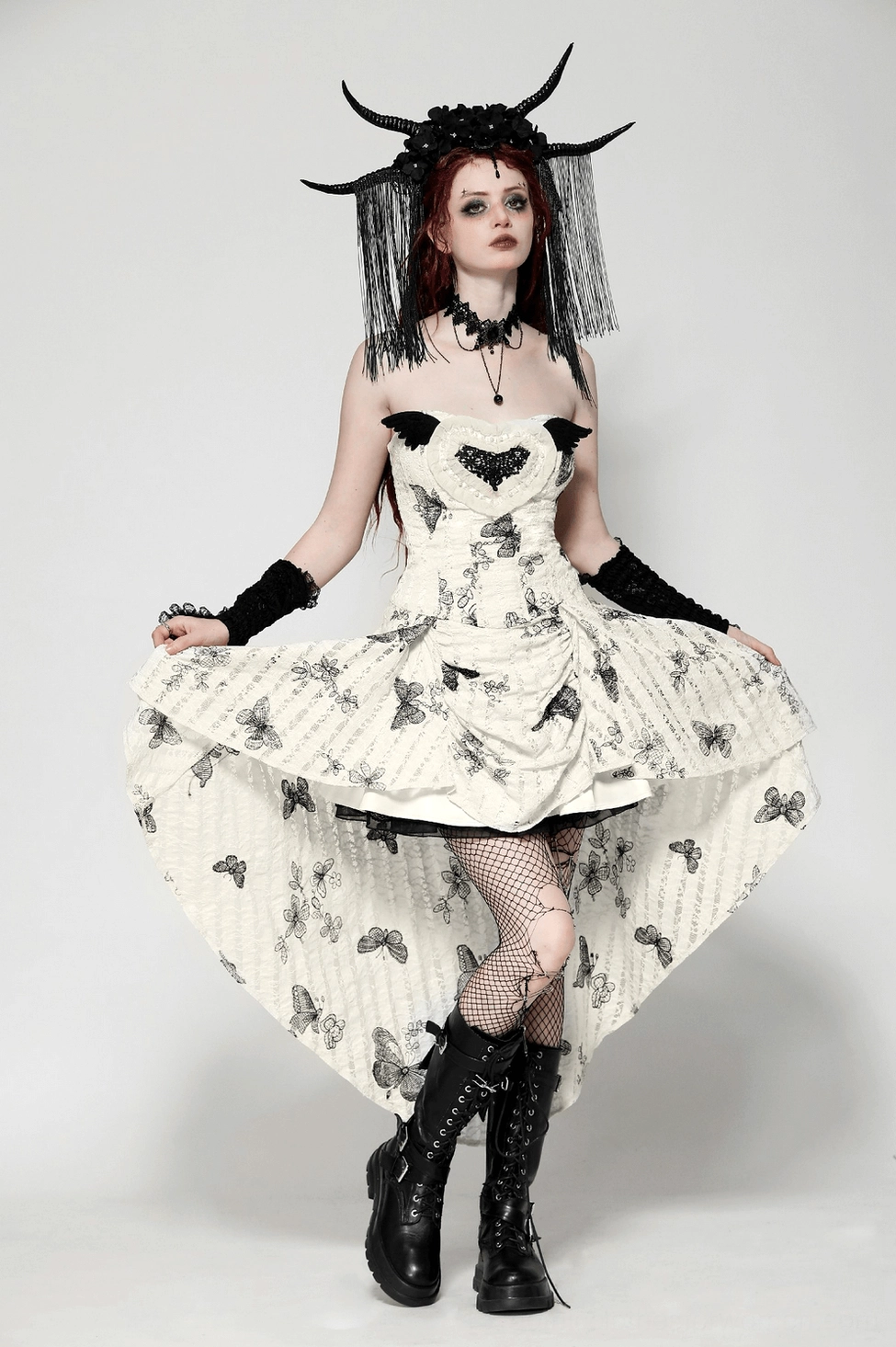 Alternative styling of black butterfly gothic off-shoulder dress with gothic accessories and dark aesthetic inspiration
