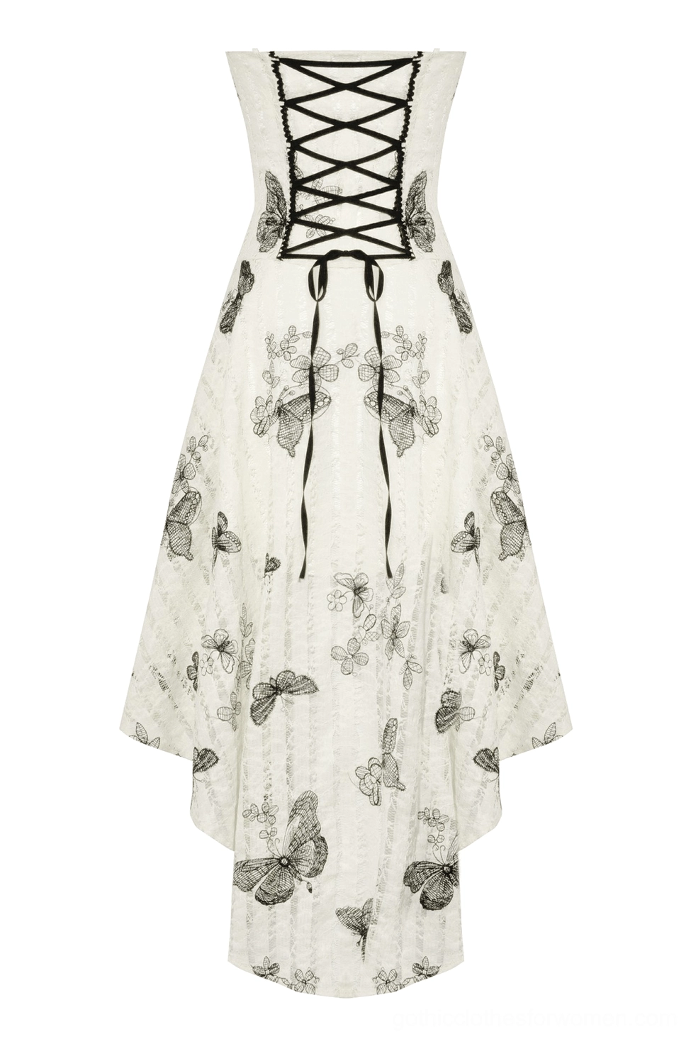 Back view flat lay of gothic butterfly dress displaying black lace-up corset closure, ribbon ties, and butterfly print fabric