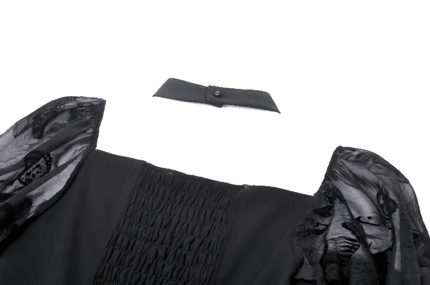 Detailed view of gothic butterfly dress back shoulder area with shirred fabric and detachable choker