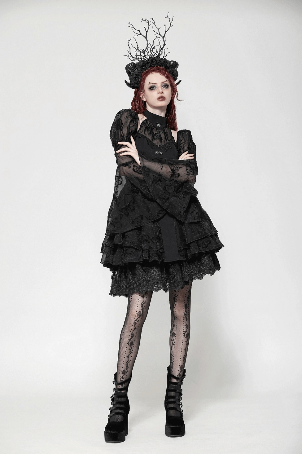 Black gothic butterfly mini dress alternative view highlighting dramatic bell sleeves and metal hardware
