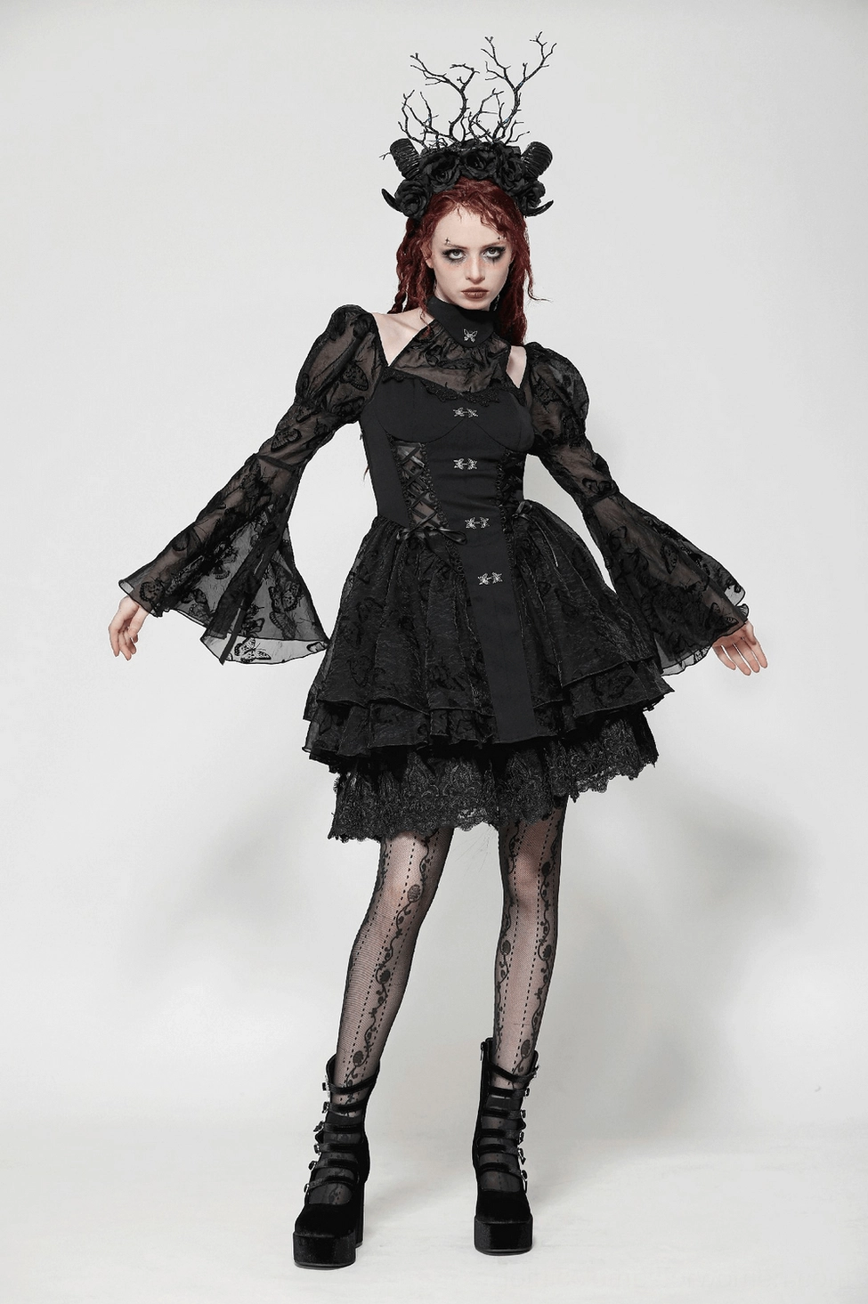 Black gothic butterfly lolita dress fabric pattern and texture detail with sheer overlay