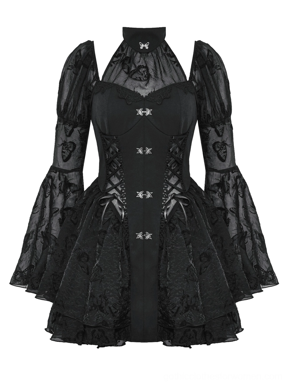 Black gothic lolita mini dress flat lay showing decorative butterfly buckles and front closure