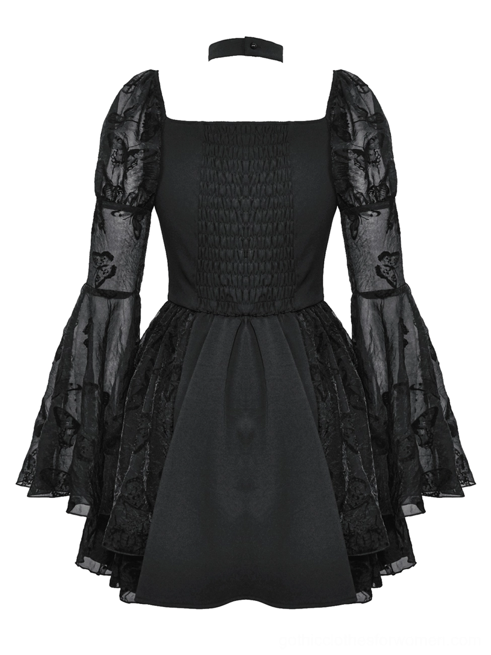 Black gothic butterfly dress flat lay back view with shirred stretch panel and printed sheer sleeves