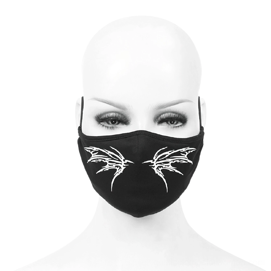 Black gothic butterfly mask on bald female mannequin, front angle displaying adjustable elastic ear loops and white wing graphics