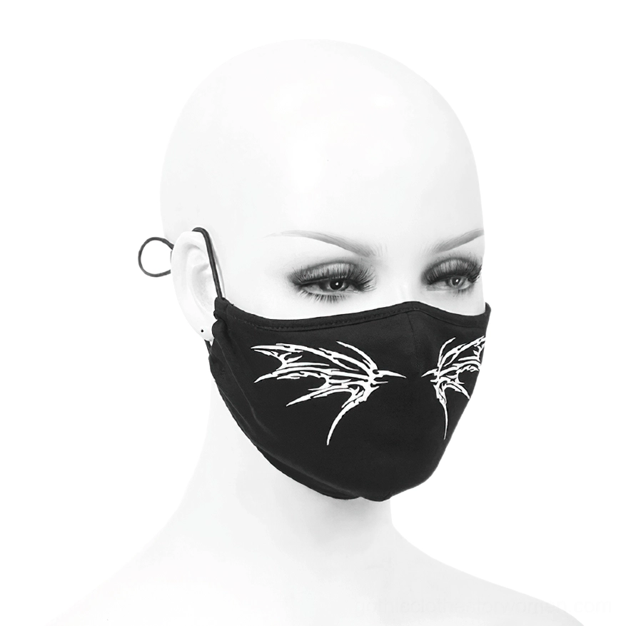 Three-quarter view of black butterfly mask displaying breathable fabric texture and plastic tension-control buckle adjuster