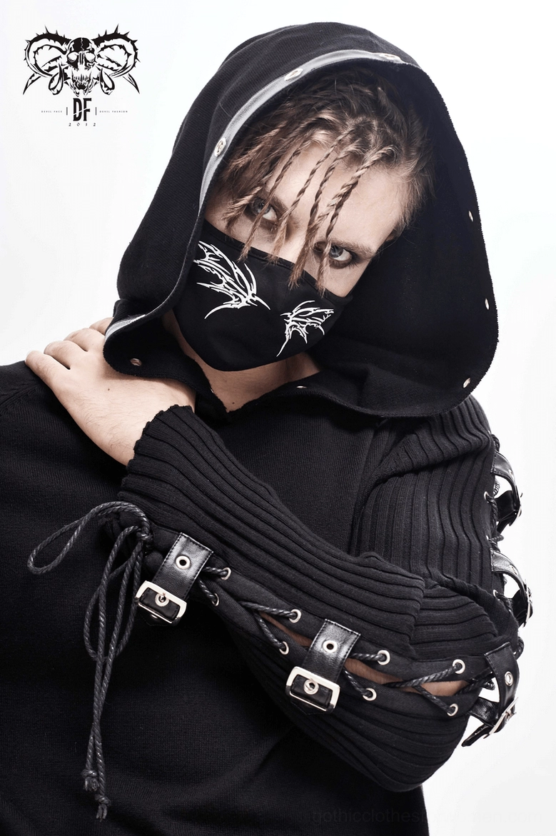 Gothic butterfly mask detail showing fabric quality, white wing graphic print, and adjustable elastic band features