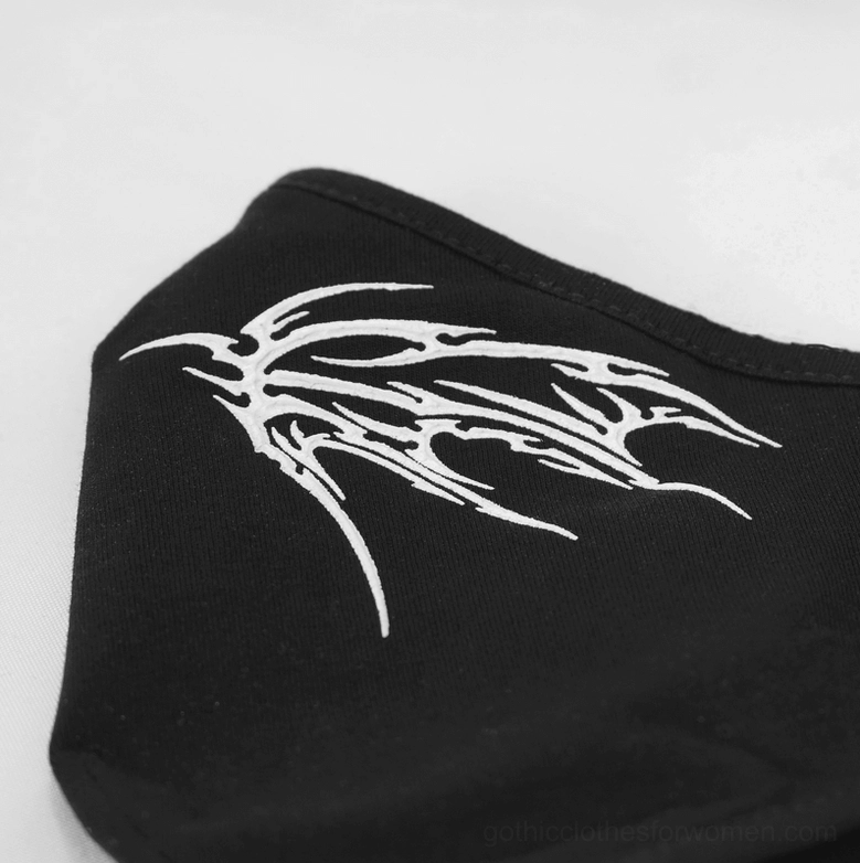 Black gothic butterfly wing face mask full product shot with crisp white print on dark fabric base