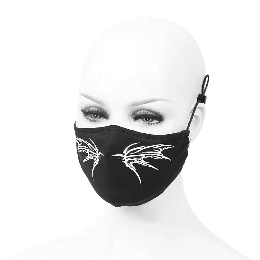 Side profile of gothic butterfly wing face mask showing single adjustable ear loop and detailed wing print symmetry