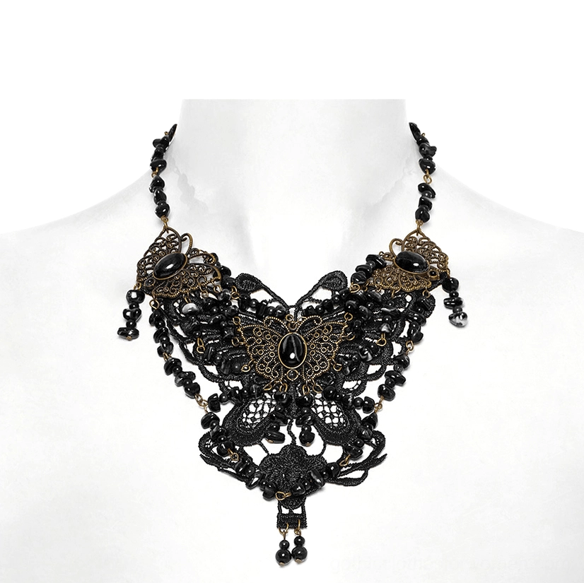 Full front view of gothic butterfly necklace displayed on mannequin showing beaded tassels and natural stone details