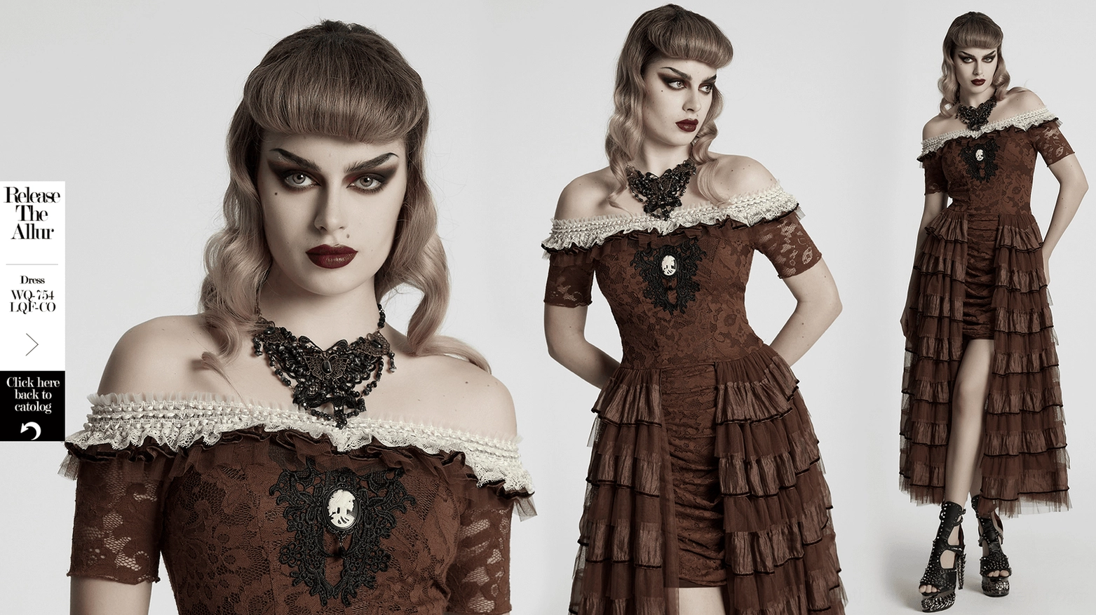 Multiple models in coordinated retro gothic styling wearing matching butterfly necklaces as composite fashion catalog shot