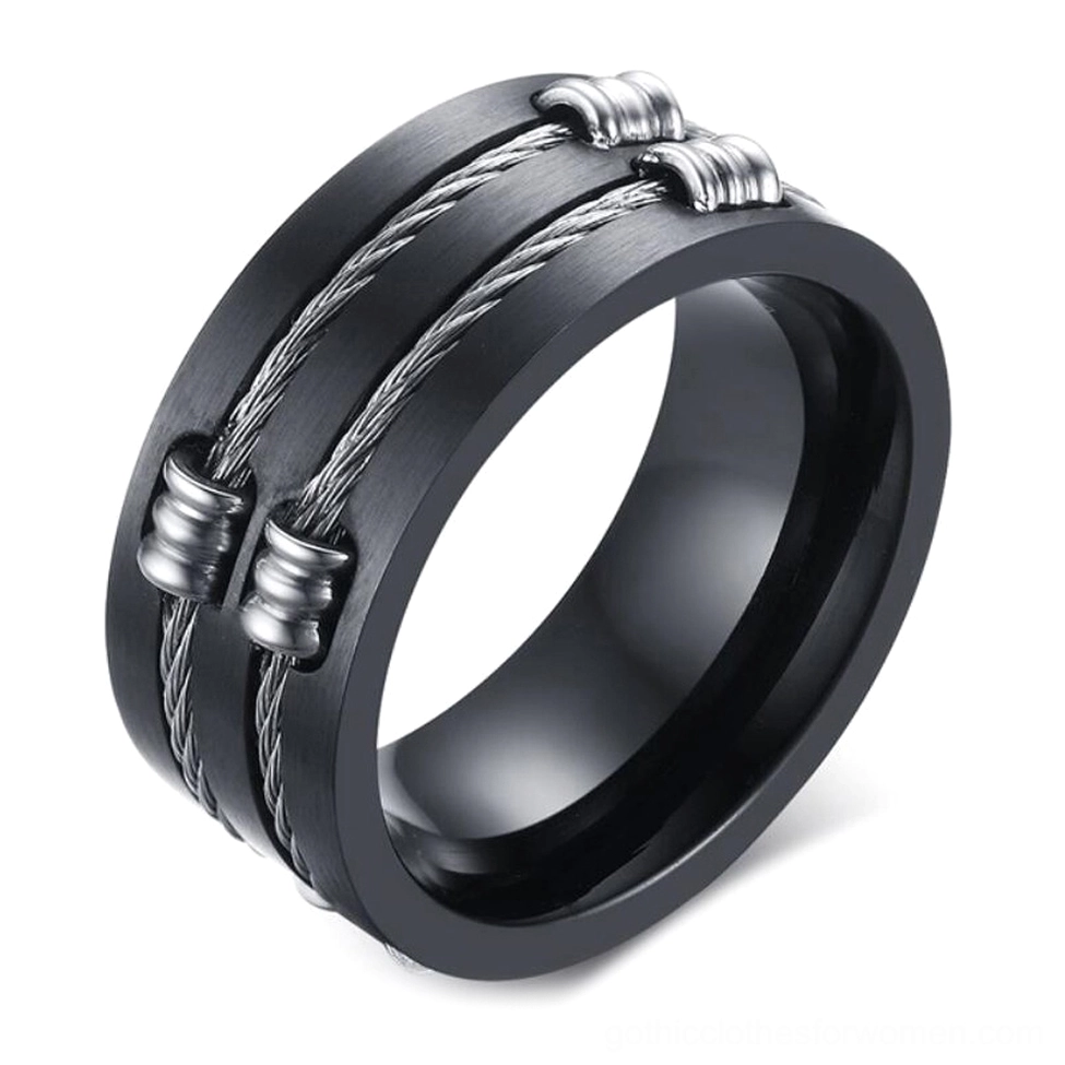 Black stainless steel gothic cable ring with twisted wire inlay, 3/4 oblique angle showing brushed metal finish and embedded twisted wire design