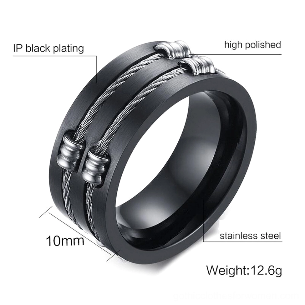Unisex gothic stainless steel cable ring with product specifications showing 10mm width, 12.6g weight, high polished surface and black-silver dual tone
