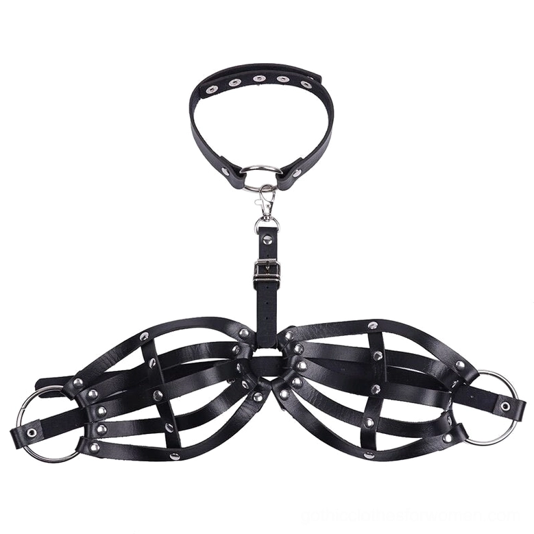 Hanging black leather body harness displaying cage bra design with detachable choker loop, showcasing full silhouette and metal hardware