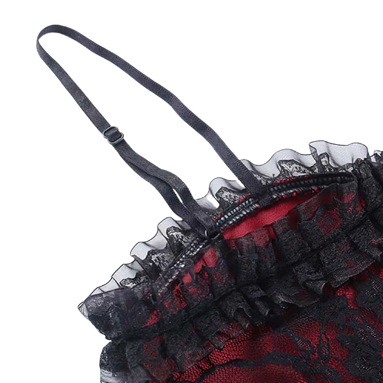 Adjustable spaghetti strap with ruffled lace edge on gothic cami top, close-up detail shot