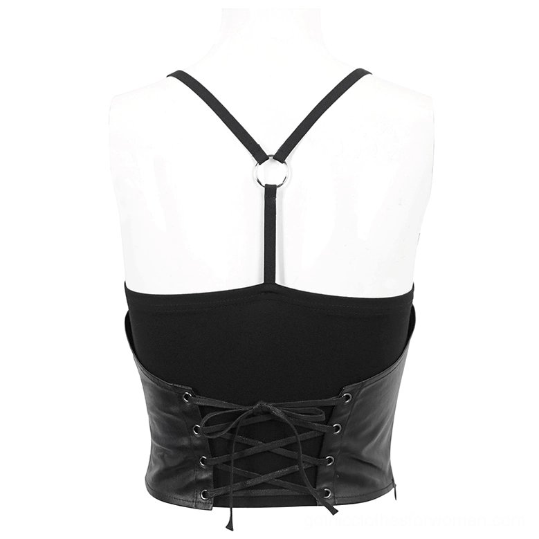Back view of black gothic camisole on display mannequin showing metal O-ring hardware and lace-up corset back design on white background