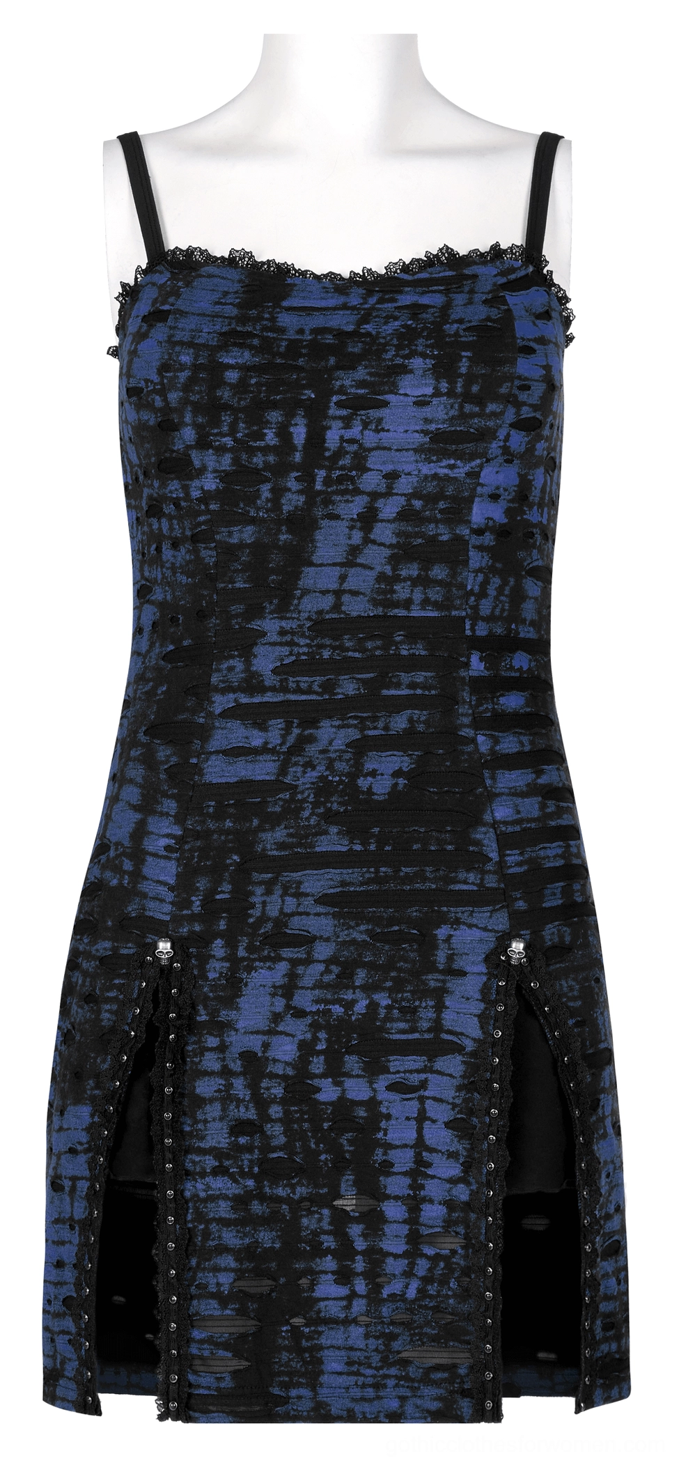 Black gothic cami slip dress with blue sequin overlay and side zipper slits on mannequin front view