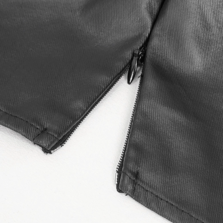 Close-up detail of exposed zipper and faux leather fabric texture on black gothic cami top