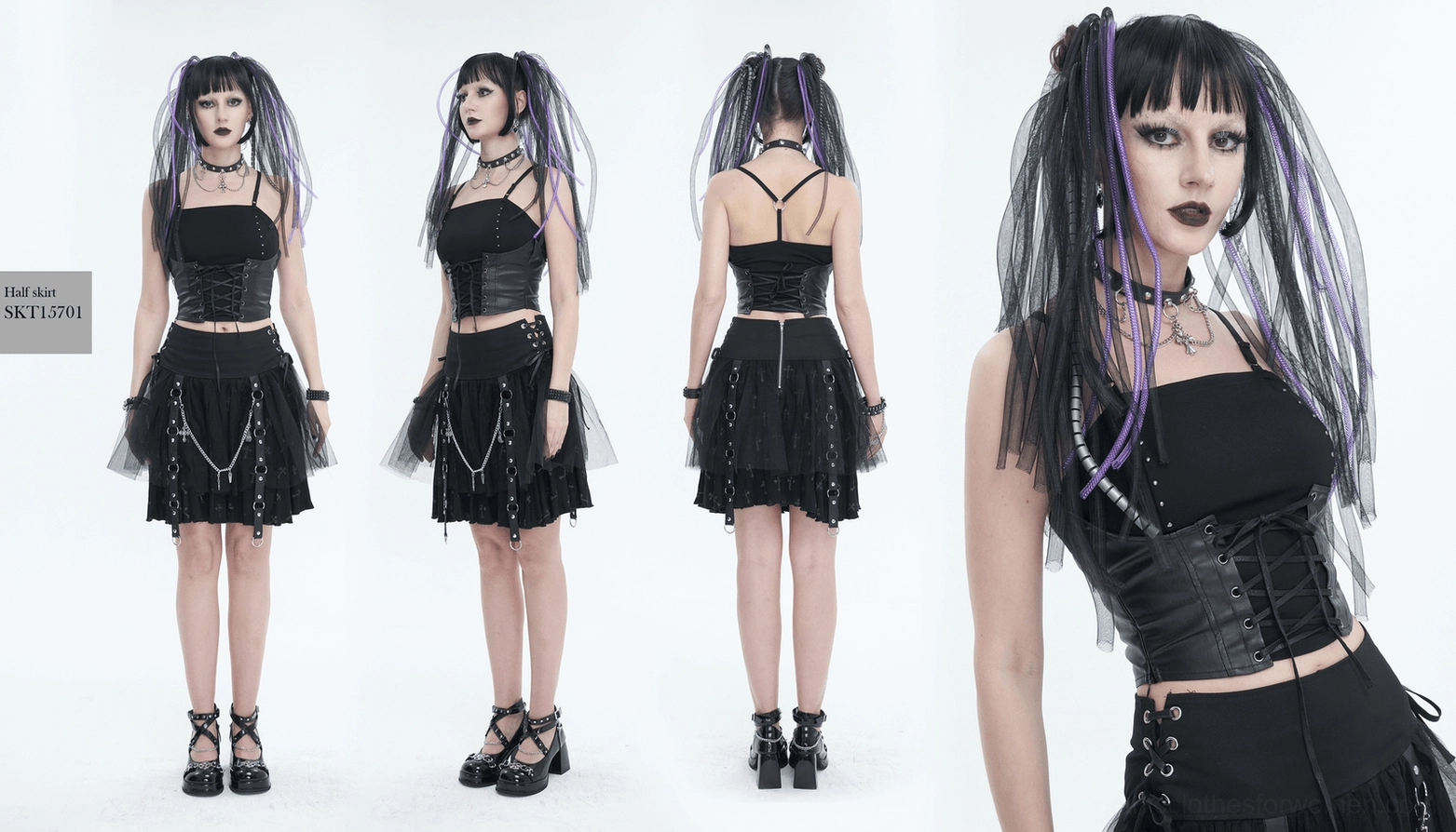 Black gothic camisole showing overall fit, lace-up front, and structured splice design on display mannequin