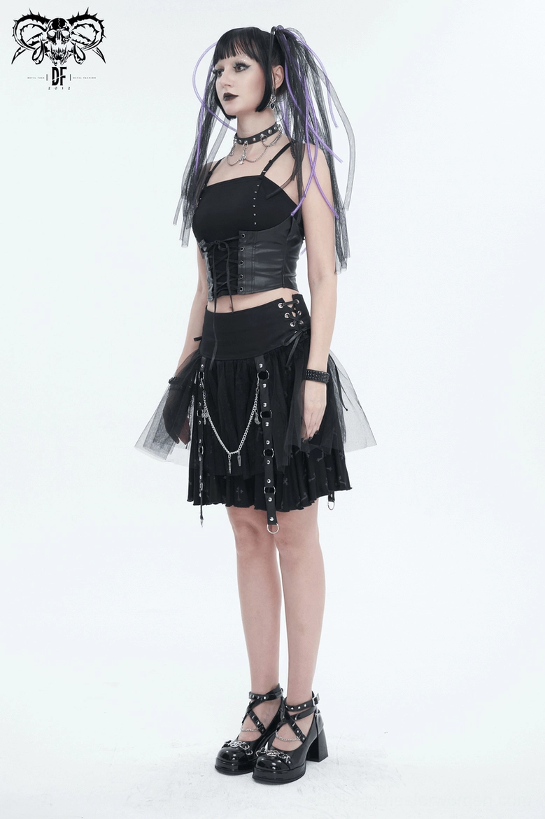 Black gothic cami top front lace-up corset panel and faux leather detail view on white studio background