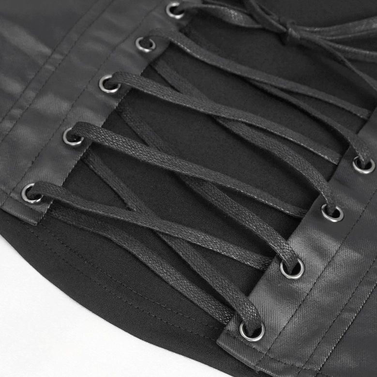 Front view of black gothic lace-up camisole with studded splice design and structured corset detail on white background