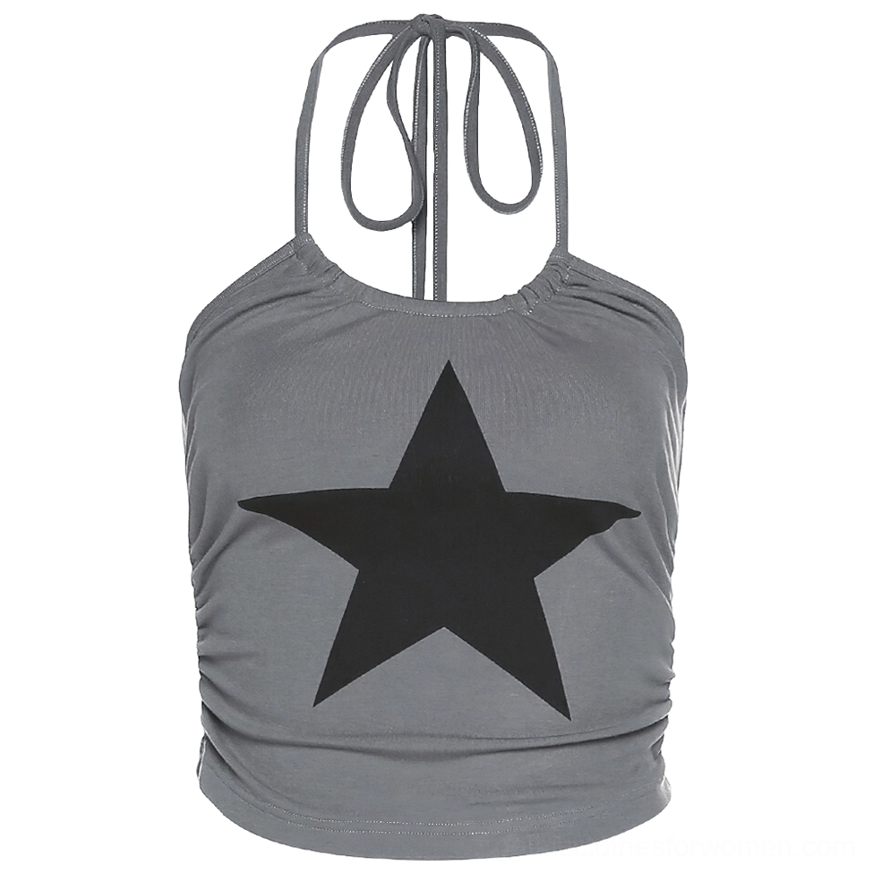 Flat lay detail shot of grey star print halter cami showing ruched neckline, beaded tie, and soft knit fabric texture