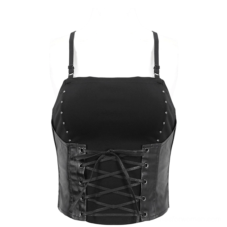 Black gothic camisole on display mannequin, front view highlighting front lace-up detail, studded trim, and faux leather waist panel
