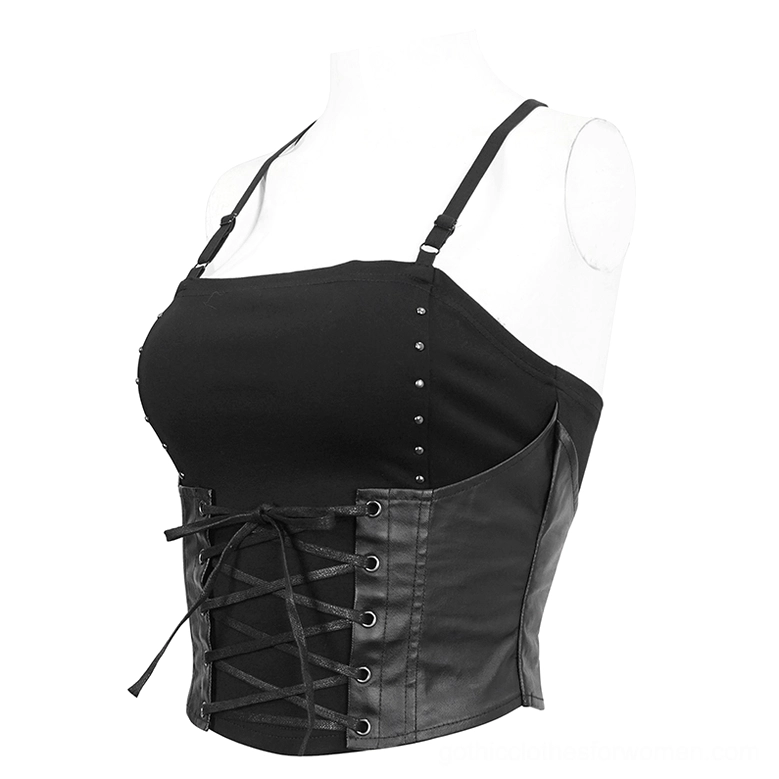 Side view of black gothic lace-up cami top on mannequin, displaying spaghetti straps, front lace-up, and studded accent details