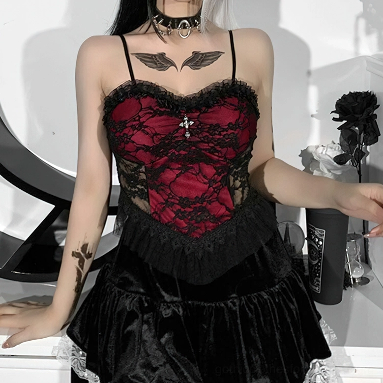 Female model in wine red gothic lace caminole viewed from side angle, paired with gothic accessories and choker necklace