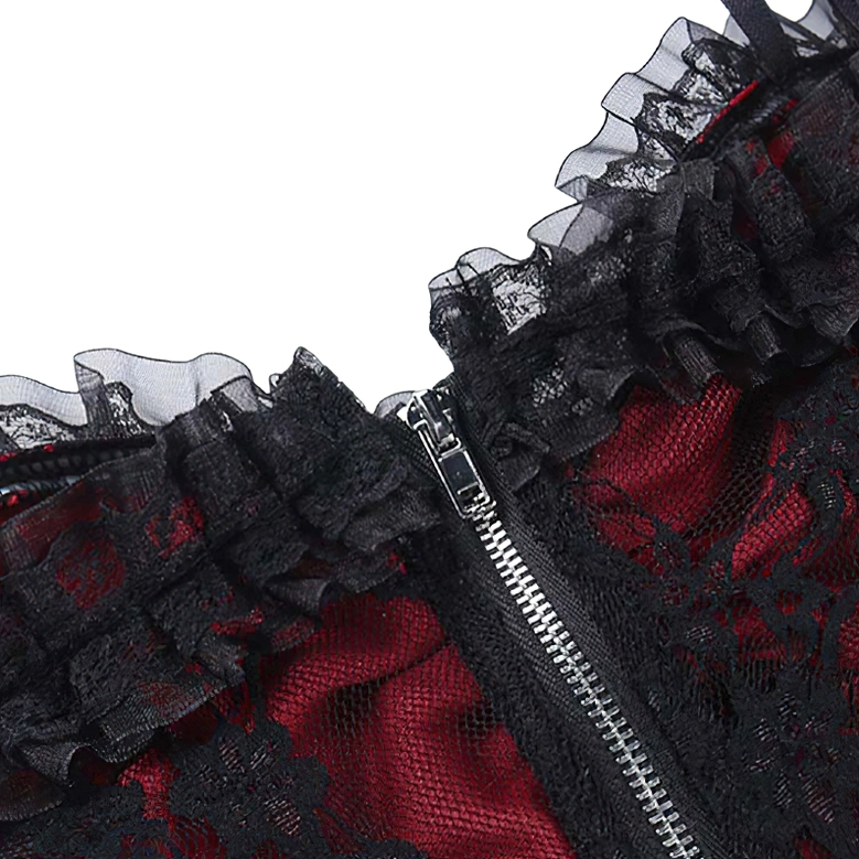 Metal side zipper closure detail on wine red gothic cami top with mesh fabric overlay