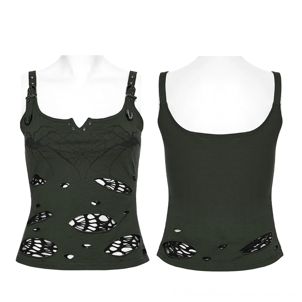 Spider web burnout gothic tank top - Front and back mannequin display showing asymmetrical cutout design and mesh layering