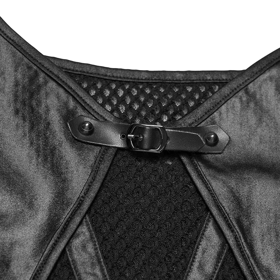Detail close-up of faux leather buckle strap hardware on black gothic mesh camisole with metal fasteners and mesh underlayer