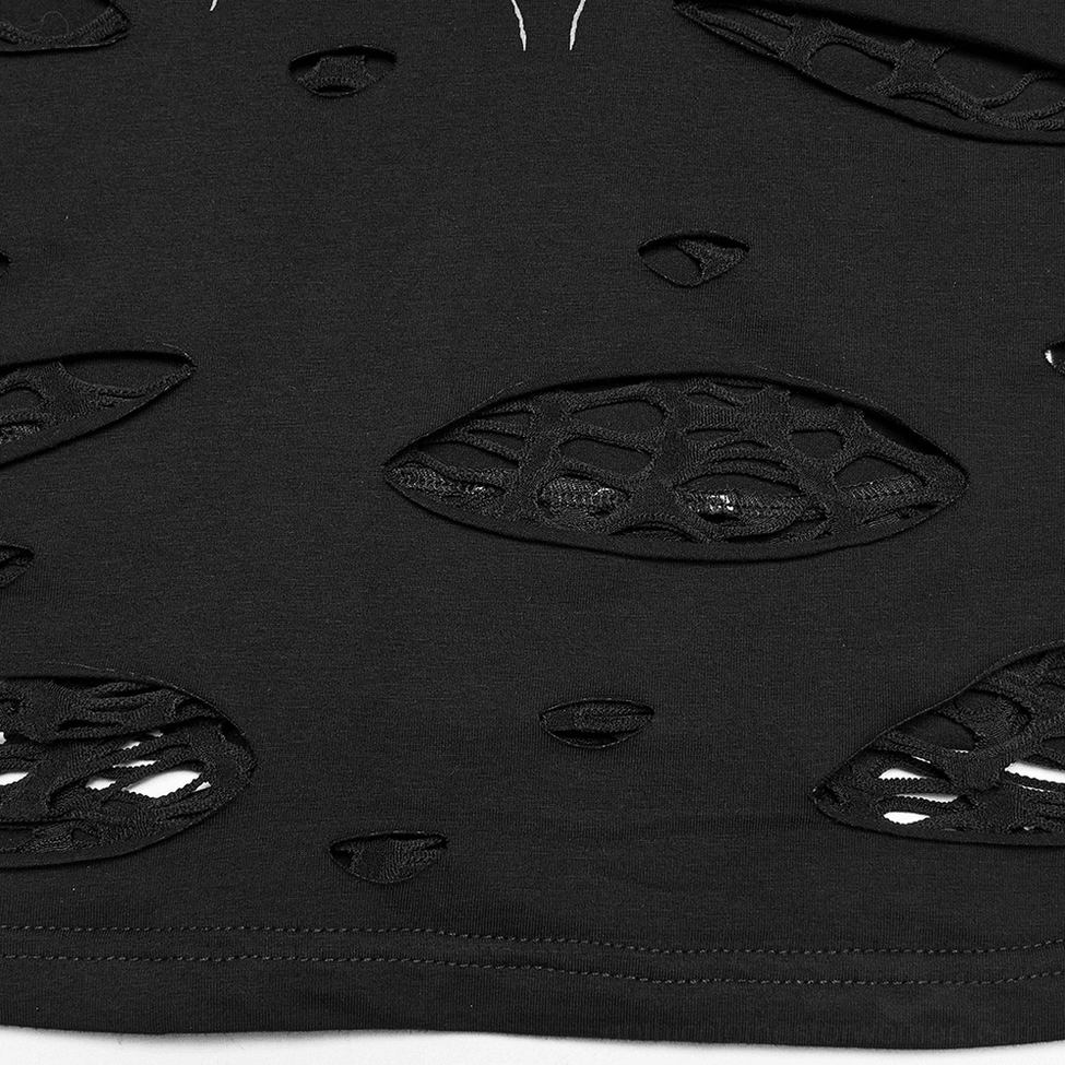 Flat lay close-up of black distressed gothic camisole fabric showing mesh cutout holes and stretch textile
