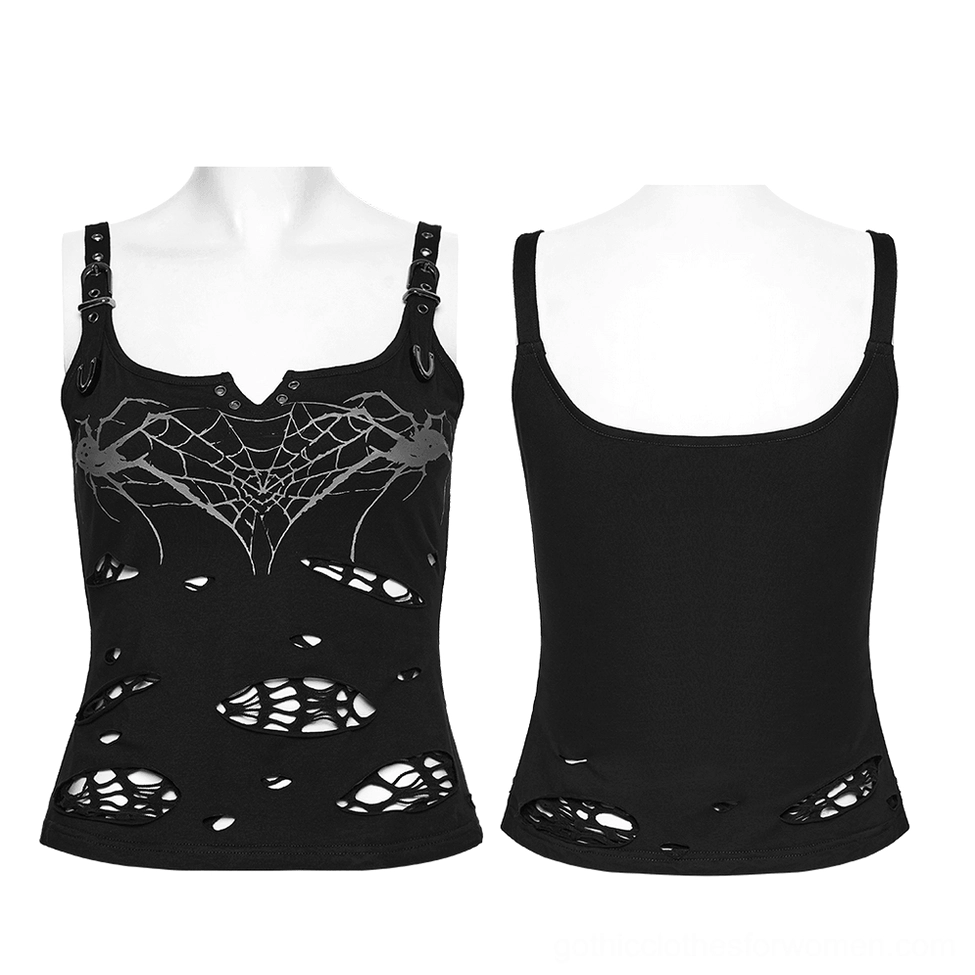 Black spider web distressed camisole front and back mannequin display showing buckle straps and burnout cutouts