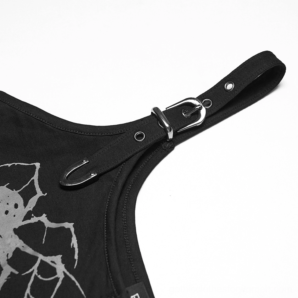 Close-up detail of adjustable metal buckle strap on black gothic camisole showing leather and hardware