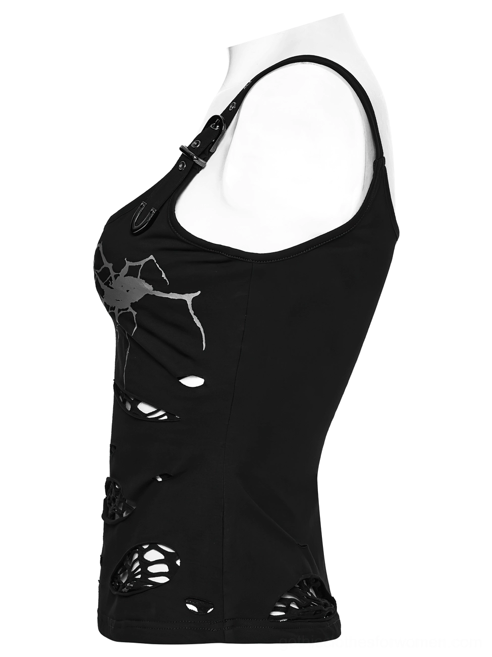 Black spider web distressed camisole side view on mannequin showing fitted slim silhouette and mesh overlay