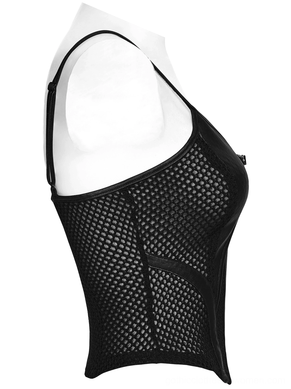 Black gothic mesh camisole side view on mannequin showing curved hem, mesh back panel, and thin spaghetti strap construction