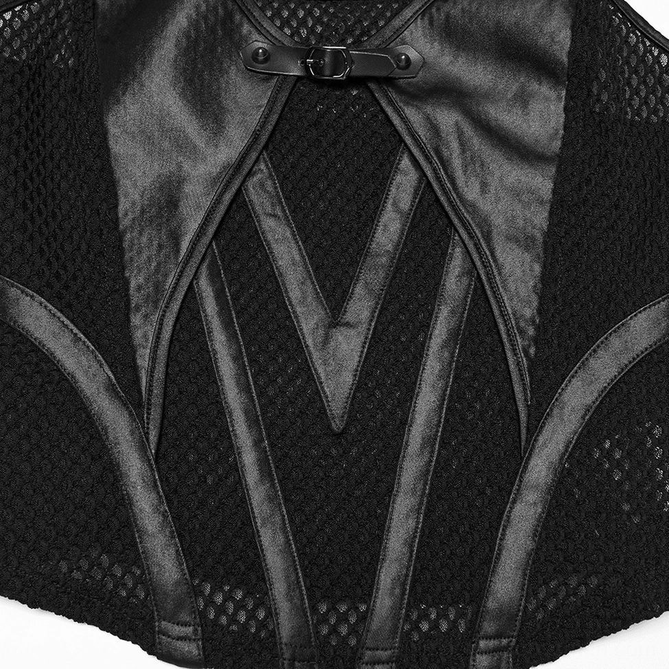 Close-up view of V-shaped faux leather trim on black gothic camisole showing contrast stitching and mesh panel integration