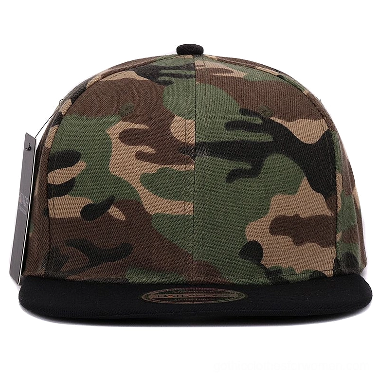 Gothic military camo snapback cap front three-quarter view alternative style headwear