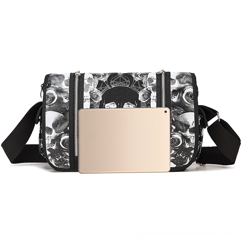 Large capacity gothic shoulder bag flat lay showing skull and rose printed exterior, fits tablet and laptop