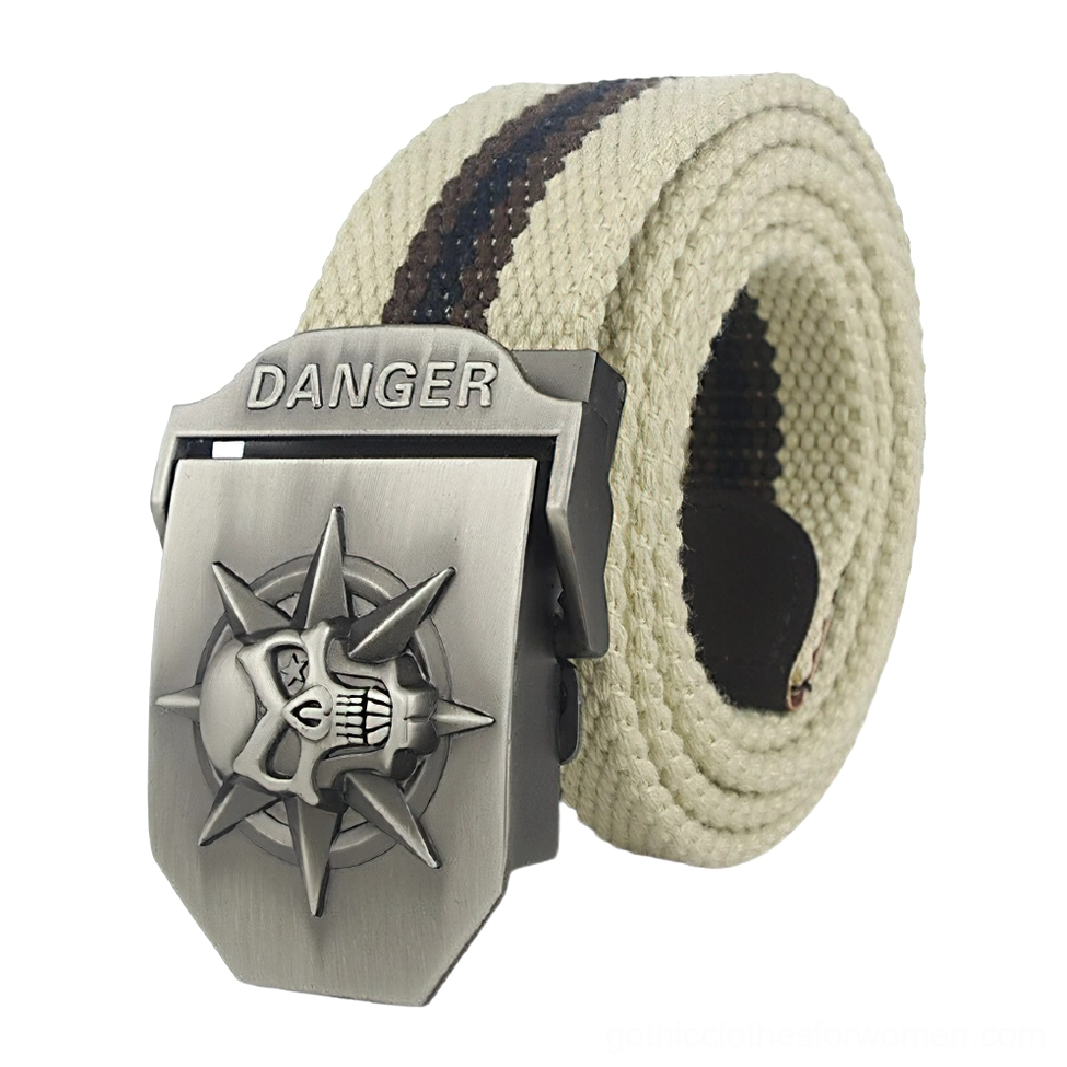 Vintage style canvas gothic belt with brown stripe and antique silver spiked skull buckle
