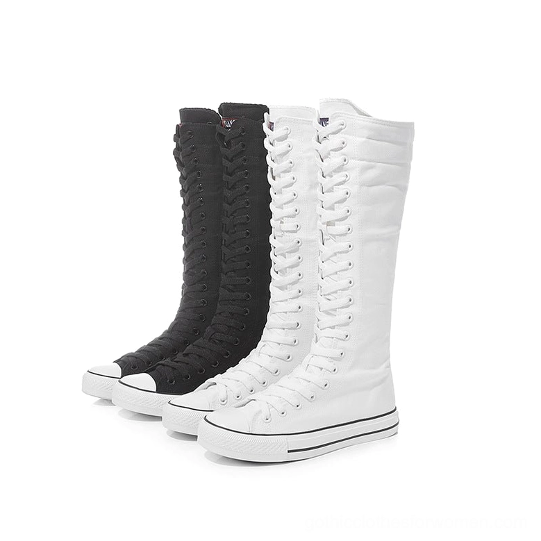Dual color canvas high-top gothic boots front three-quarter view - black and white options for women