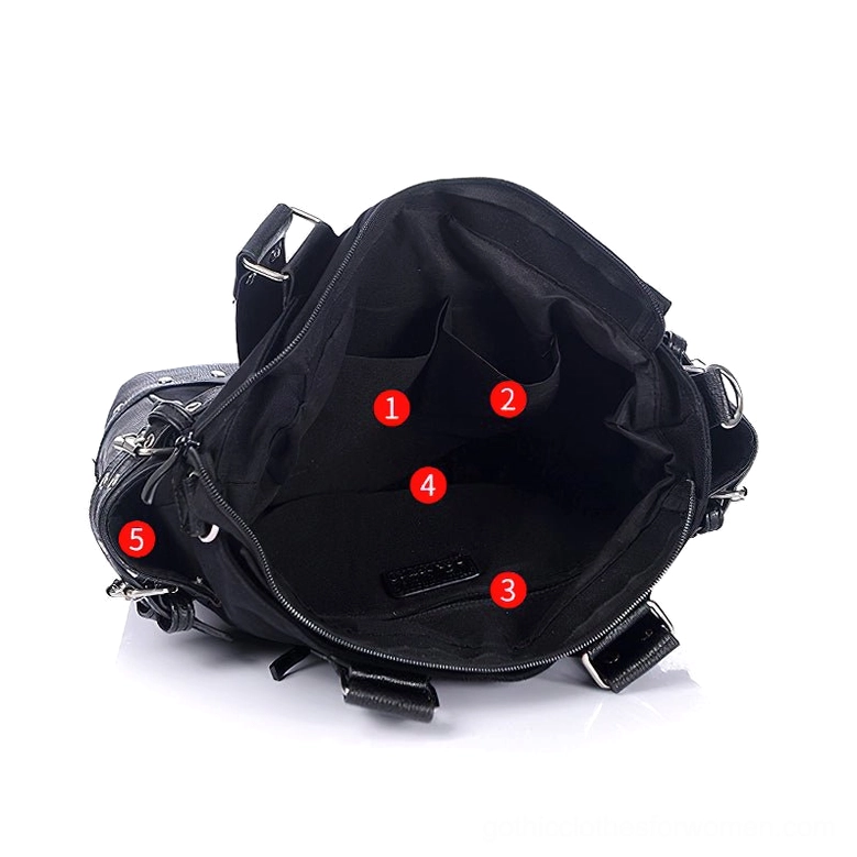 Open interior view of black gothic tote bag showing black polyester lining with five interior compartments and pockets