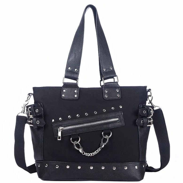 Black gothic canvas tote bag three-quarter front view displaying detachable shoulder strap and full design aesthetic
